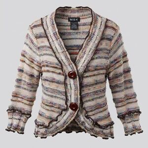 MSK Cardigan Womens Large Ruffle Trim Space Dye Multi Color Knit Button Up Y2K